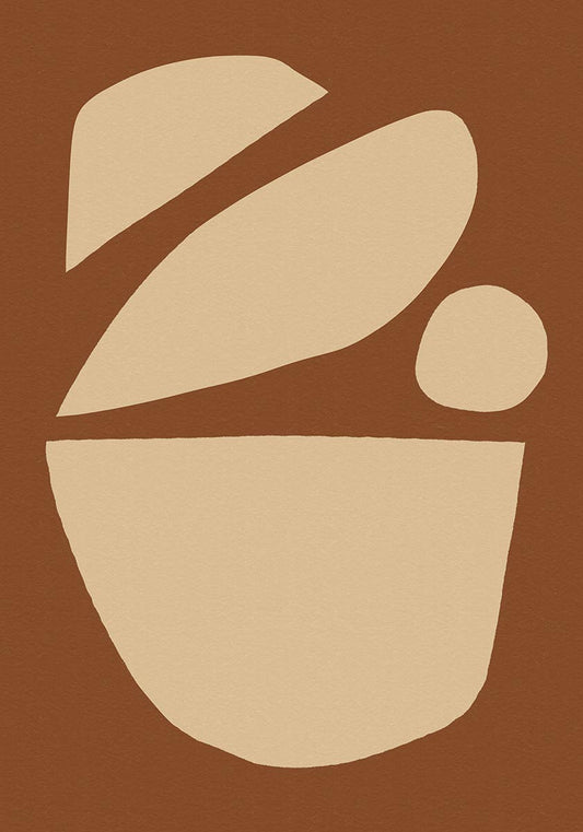 Abstract minimalist poster with organic beige shapes on a warm brown background, creating an earthy, modern look. Ideal wall art for bohemian, Scandinavian, or contemporary decor styles.