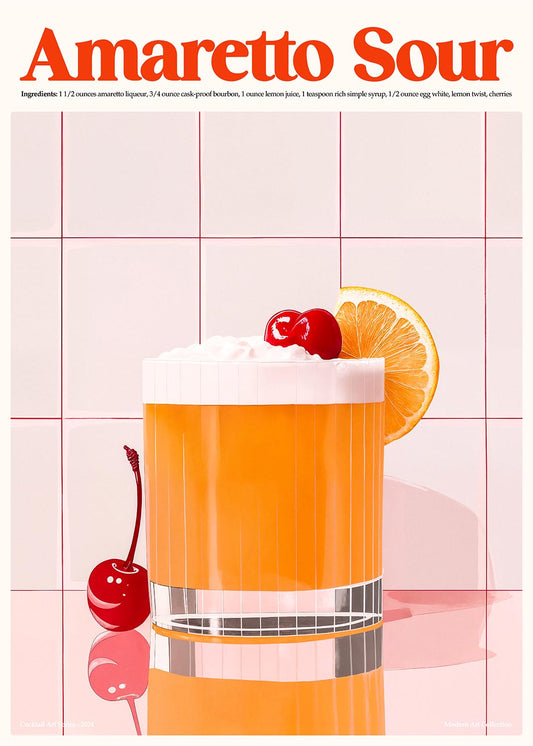 ピンクのタイルを背景に、泡立てた卵白にチェリーとオレンジのスライスを添えたアマレット・サワー・カクテルのグラスが描かれたポスター。上部に大胆なオレンジ色の「アマレット・サワー」のタイトル、その下に材料リスト。