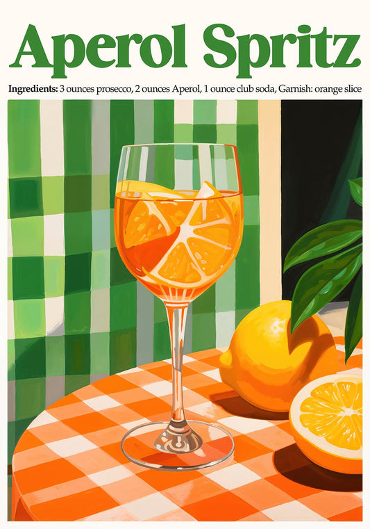 ワイングラスにオレンジスライスを添えたアペロール・スプリッツ・カクテルのイラスト・ポスター。背景は鮮やかなグリーンのチェック柄で、テーブルクロスはチェック柄。グラスの横にはレモン丸ごと1個とレモン半分が置かれ、カラフルで爽やかな夏の雰囲気を盛り上げている。