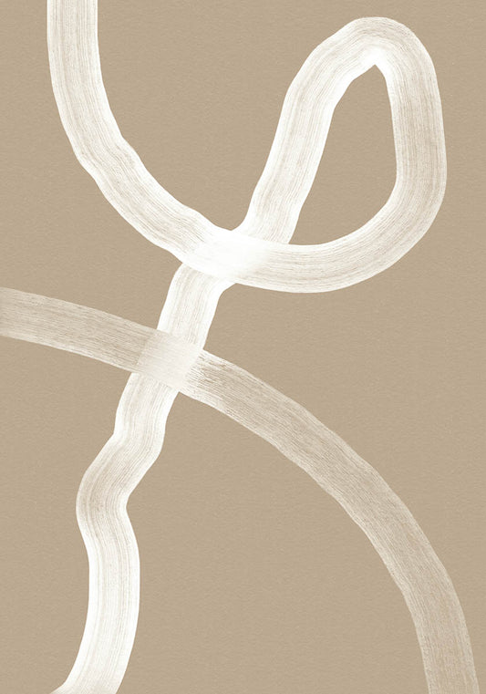 Minimalist abstract line art poster with white brushstrokes on a beige background, featuring organic, flowing curves and intersecting lines.