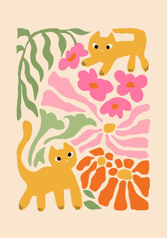 This poster features a whimsical design with two orange cats frolicking amidst vibrant flowers in shades of pink and orange; the minimalist style and bold, playful colors create a cheerful and lively atmosphere that is perfect for brightening up a child's room, a cozy living area, or a quirky office space.