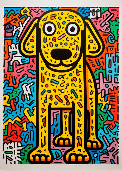 Colorful pop art style poster featuring a bright yellow dog surrounded by abstract patterns in vivid colors, ideal for children's spaces.