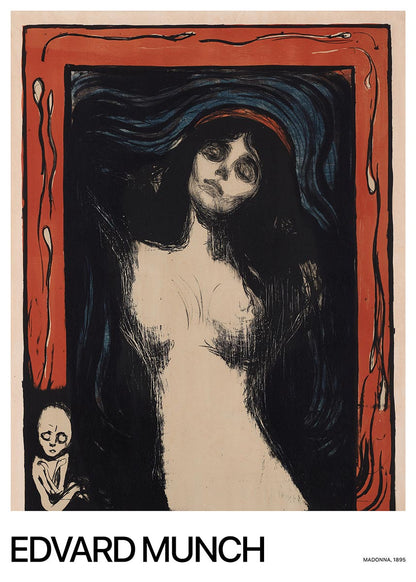 Edvard Munch's 'Madonna' (1895) poster featuring a ghostly, sensual female figure framed in red, with flowing dark hair and a melancholic expression, alongside a small skeletal figure in the corner, embodying Munch’s signature expressionist style.