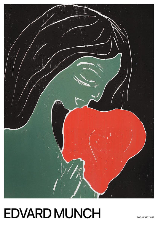 Edvard Munch's 'Two Heart' (1899) poster featuring a stylized figure with a green face gently holding a bold red heart against a black background, showcasing expressionist artistry.