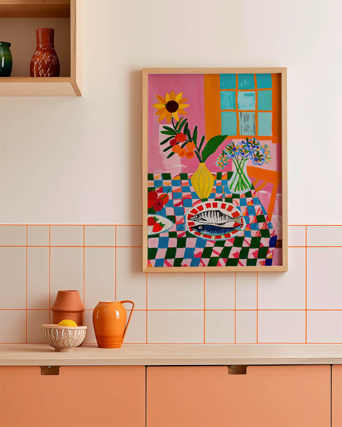 Colorful still life painting featuring flowers, fruit, and a plate of fish on a vibrant checkered tablecloth with a window in the background.