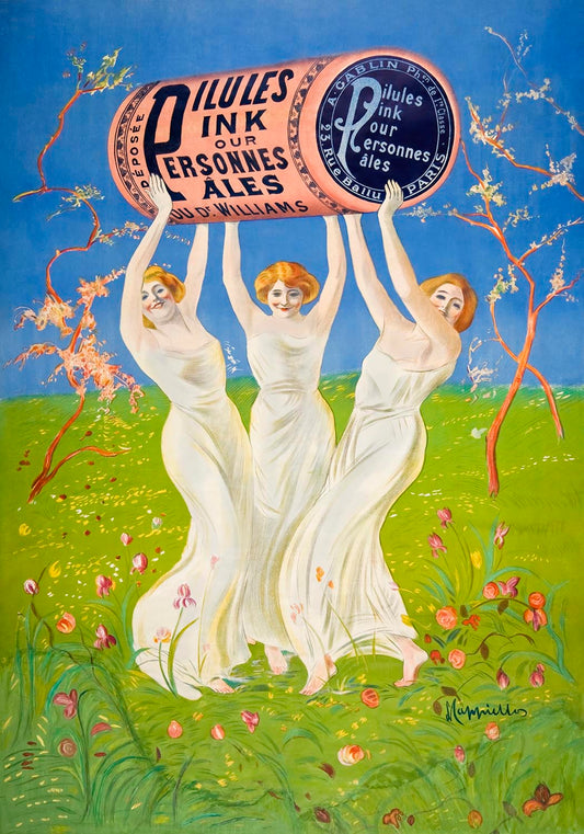 A vintage Art Nouveau poster by Leonetto Cappiello featuring three elegant women in flowing white gowns joyfully carrying an oversized pink pill container. They dance barefoot in a vibrant meadow with blooming flowers against a bright blue sky, symbolizing vitality and well-being.