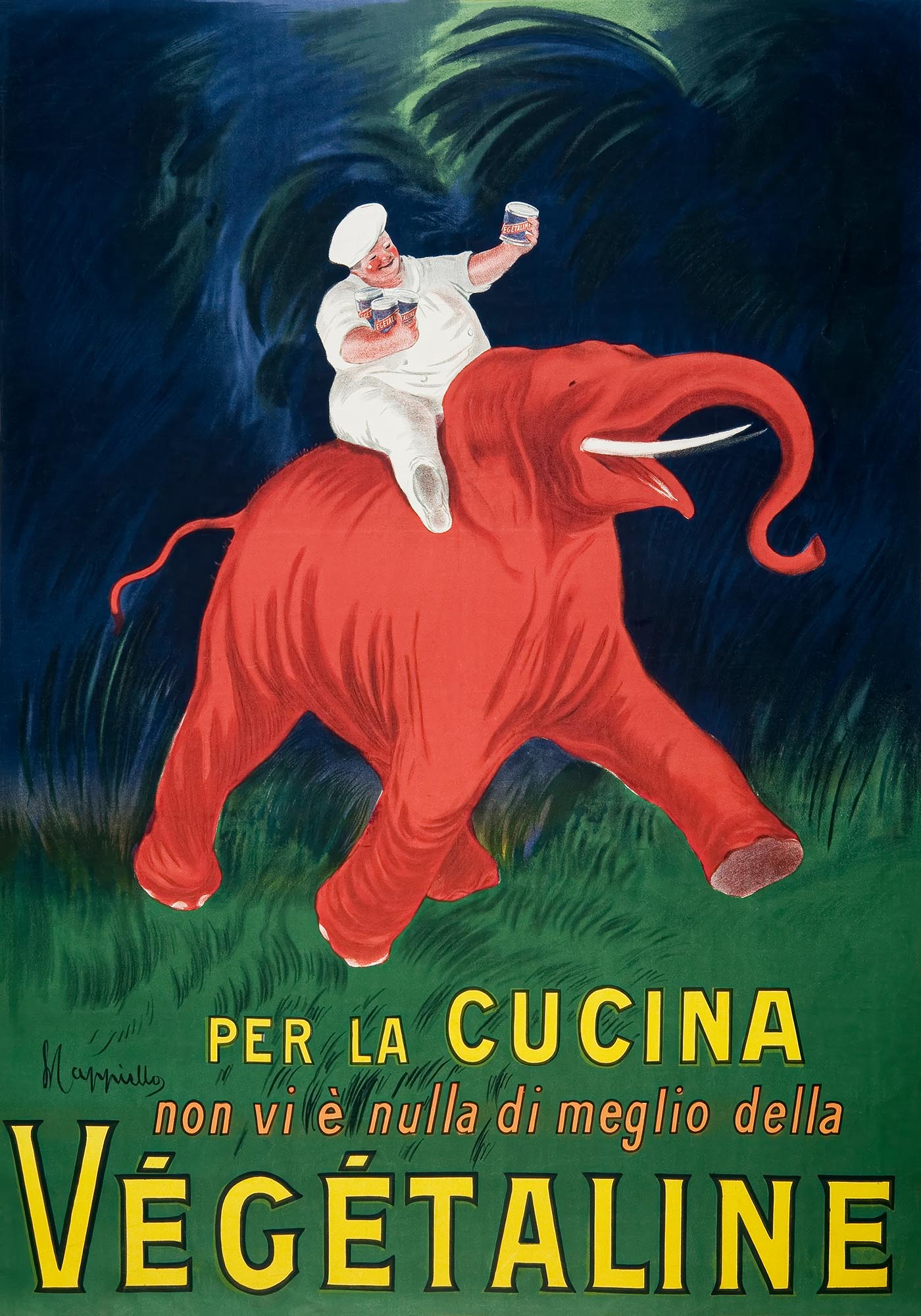 Vintage Végétaline advertisement by Leonetto Cappiello featuring a cheerful chef in white riding a bold red elephant through a dark jungle, holding cans of Végétaline. Bold typography and vibrant colors create a striking, whimsical composition.