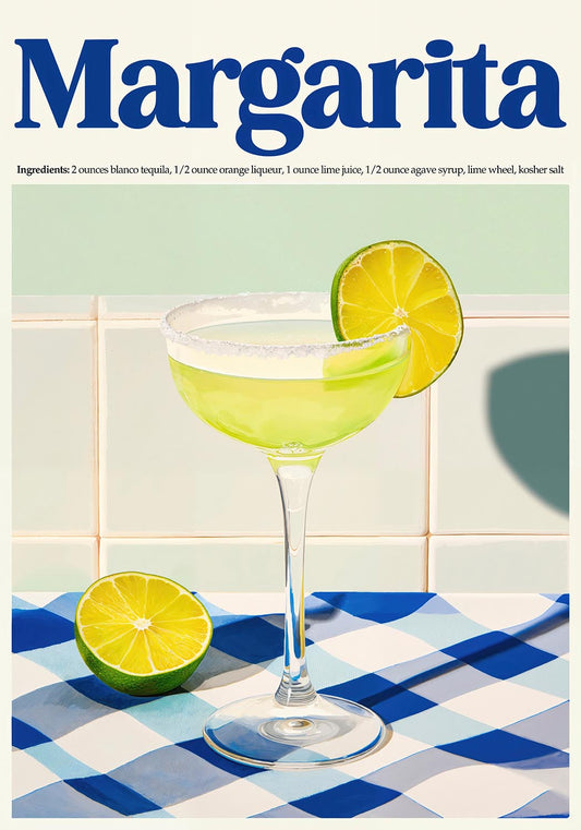 Poster featuring a margarita glass filled with a lime green cocktail, garnished with a lime wheel, set against a minimalistic tiled background. Bold blue "Margarita" title at the top with an ingredients list below.