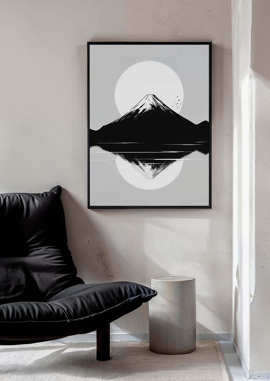 Minimalist black and white poster featuring Mount Fuji with a full moon and its reflection in a lake.