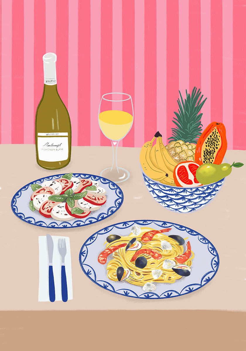 A colorful still life featuring fresh pasta, salad, wine, and tropical fruits. Perfect for dining rooms, kitchens, or foodie-inspired spaces!