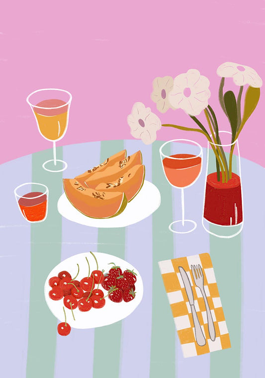 A cheerful still life of fruits, drinks, and flowers in soft pastel tones. Perfect for kitchens, dining rooms, or cozy café-inspired spaces!