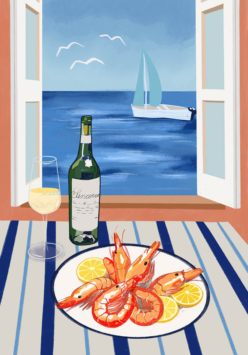 An illustrated poster of a seaside dining scene featuring a plate of prawns and lemon slices on a striped tablecloth, a bottle and glass of white wine, and an open window revealing a sailboat on a calm blue sea with seagulls flying above