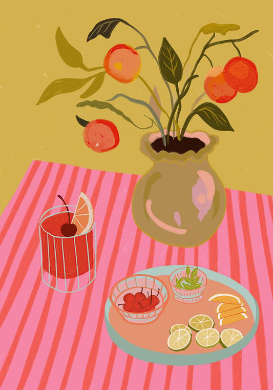 A vibrant still life featuring citrus, cherries, and a bold striped tablecloth. Perfect for kitchens, dining areas, or bright, eclectic spaces!
