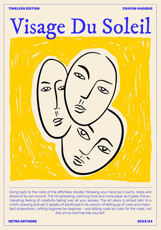 Poster titled "Visage Du Soleil" featuring three abstract faces in black outlines against a bright yellow background, evoking a playful and creative vibe.