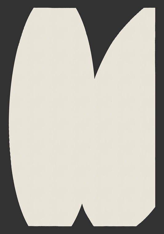 Abstract poster with two large, off-white shapes on a black background.
