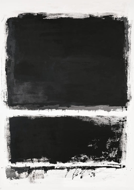 Abstract black and white poster with two bold black rectangles, rough brushstrokes, and a textured white background. Minimalist and expressionist style.