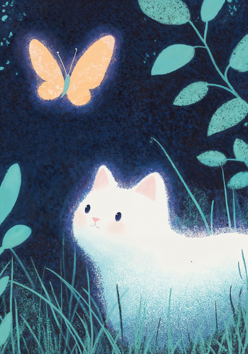 Illustrated poster of a glowing white cat at night, gazing at a luminous orange butterfly, surrounded by tall grass and teal leaves against a deep blue background. 