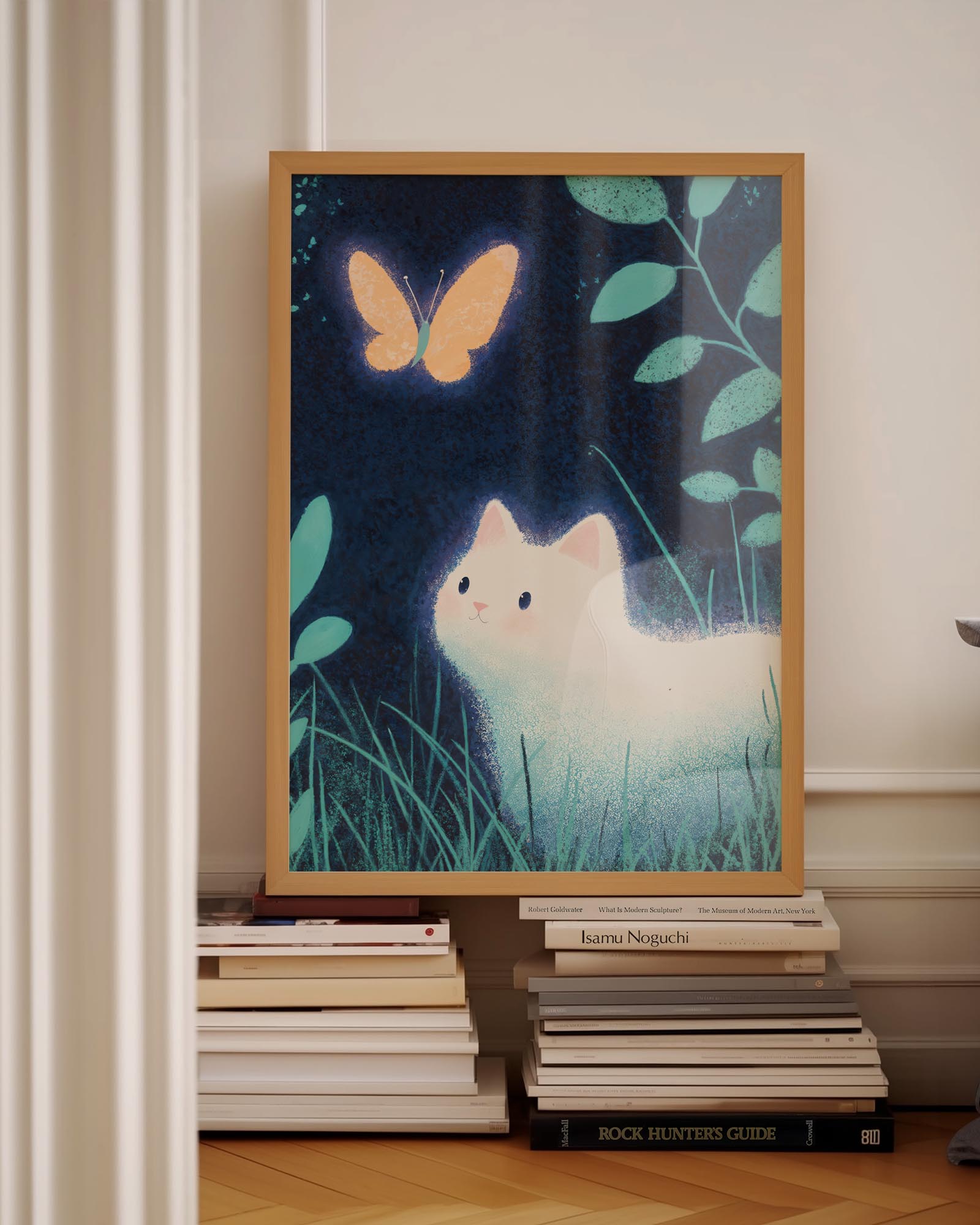 Illustrated poster of a glowing white cat at night, gazing at a luminous orange butterfly, surrounded by tall grass and teal leaves against a deep blue background. 