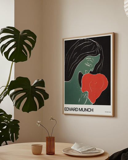 Edvard Munch's 'Two Heart' (1899) poster featuring a stylized figure with a green face gently holding a bold red heart against a black background, showcasing expressionist artistry.