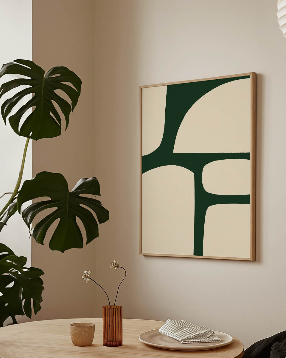 Abstract minimalist poster with cream shapes and bold green lines, creating an organic, nature-inspired design. Ideal for modern, Scandinavian, or bohemian decor styles.