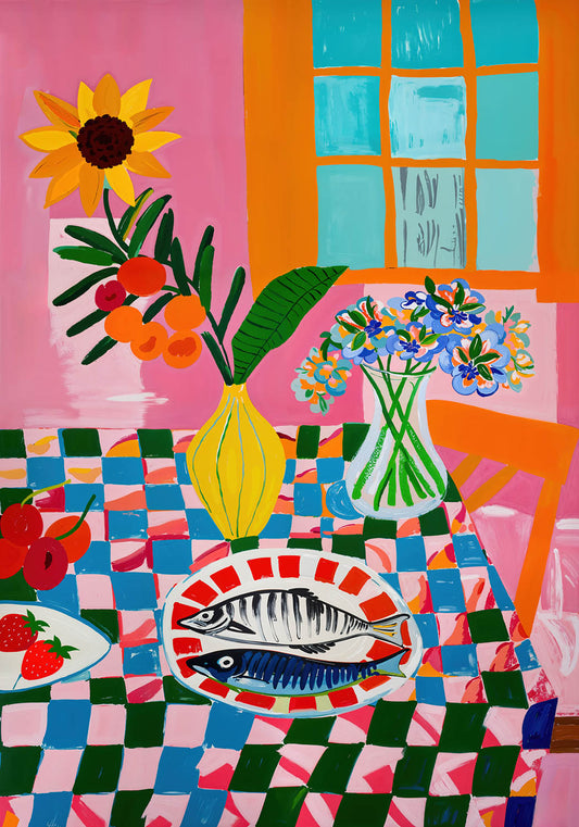 Colorful still life painting featuring flowers, fruit, and a plate of fish on a vibrant checkered tablecloth with a window in the background.