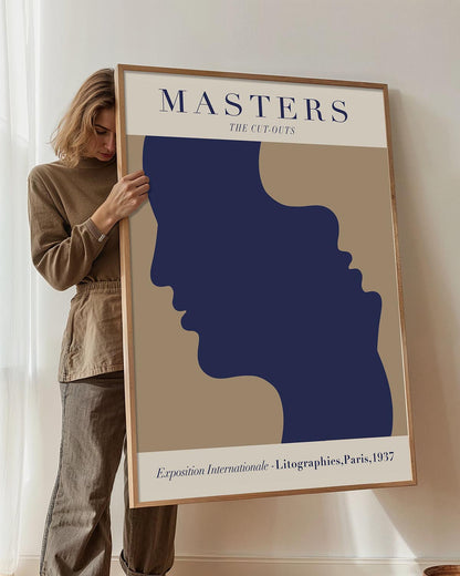 Modern art poster with a minimalist profile cut-out in navy blue set against a beige background, inscribed with 'MASTERS THE CUT-OUTS' in elegant typography, reminiscent of Parisian art exhibitions with a fresh, modern twist.