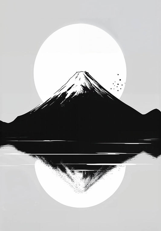 Minimalist black and white poster featuring Mount Fuji with a full moon and its reflection in a lake.