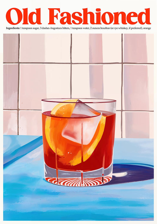 Poster with an illustration of an Old Fashioned cocktail, including ice cubes and an orange slice, set against a tiled wall and blue countertop. The title "Old Fashioned" and ingredients are displayed at the top.