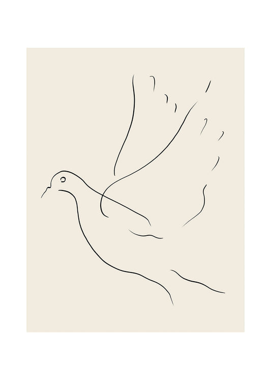 中性的な背景のポスターに飛翔する鳩のミニマルな線画。