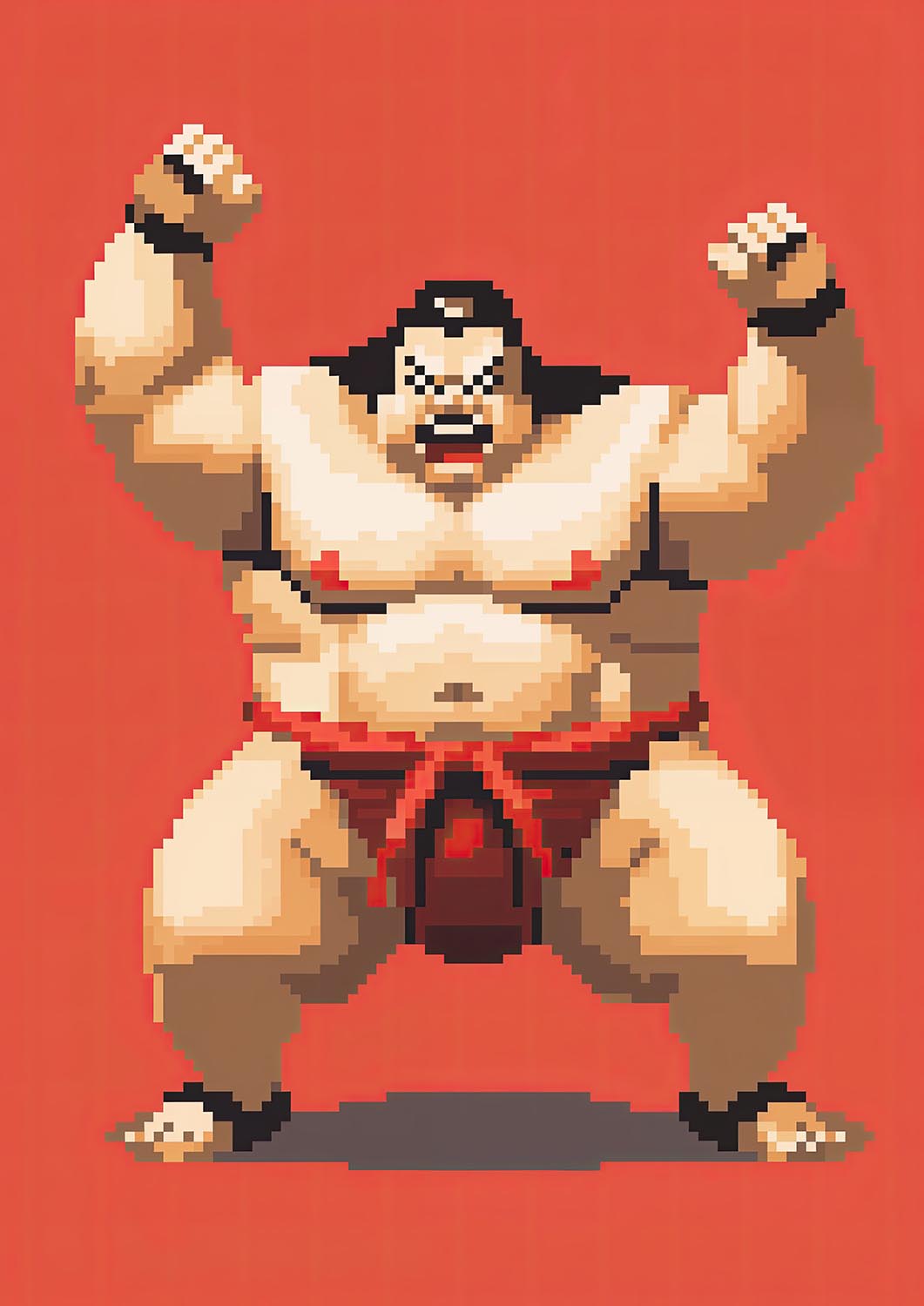 Pixel art of a fierce sumo wrestler in a victory pose, wearing a red mawashi, with a bold red background