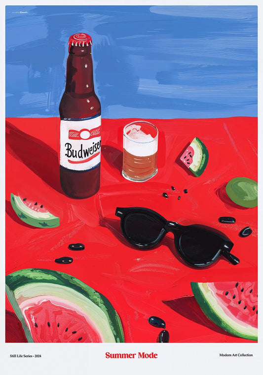 青空を背景に赤地にバドワイザーのボトル、半分に注がれたビールグラス、黒いサングラス、スイカの輪切りが描かれた「サマー・モード」と題されたポスター。