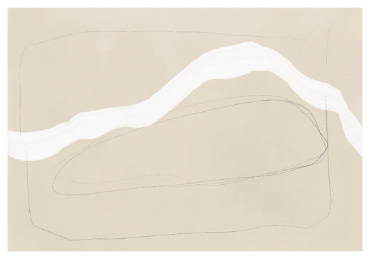 ベージュの背景に白と黒の微妙なラインが入った抽象的でミニマルなポスター。