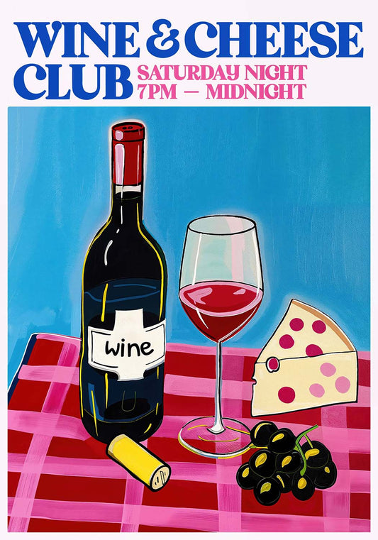 赤いチェックのテーブルクロスにワインボトル、グラス、チーズ、ブドウが描かれた遊び心のある「ワイン＆チーズクラブ」ポスター。