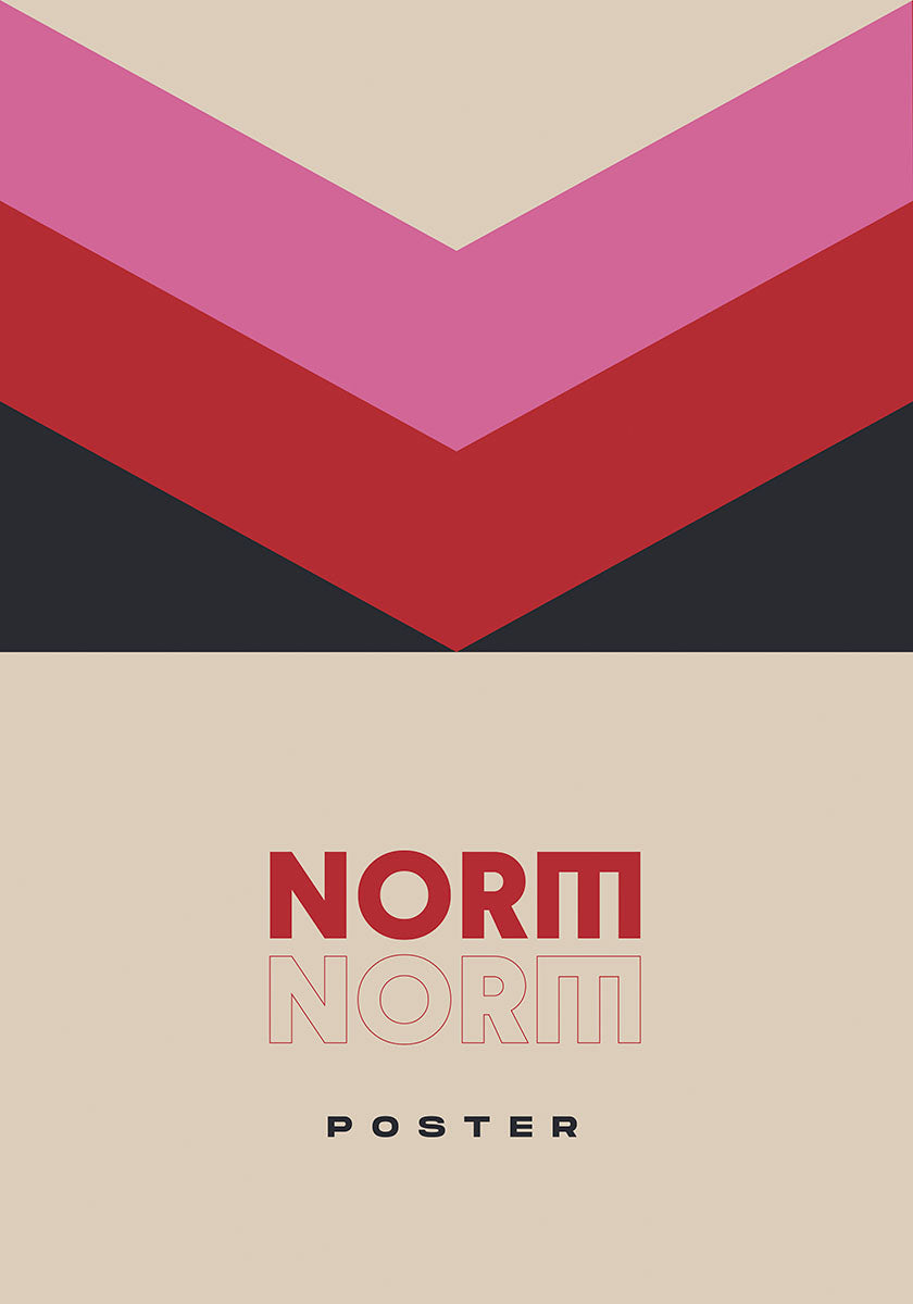 Minimalist 'Norm Form' poster featuring geometric shapes in shades of pink, red, and black, with the text 'NORM NORMII POSTER' centered on a cream background, ideal for modern home decor.